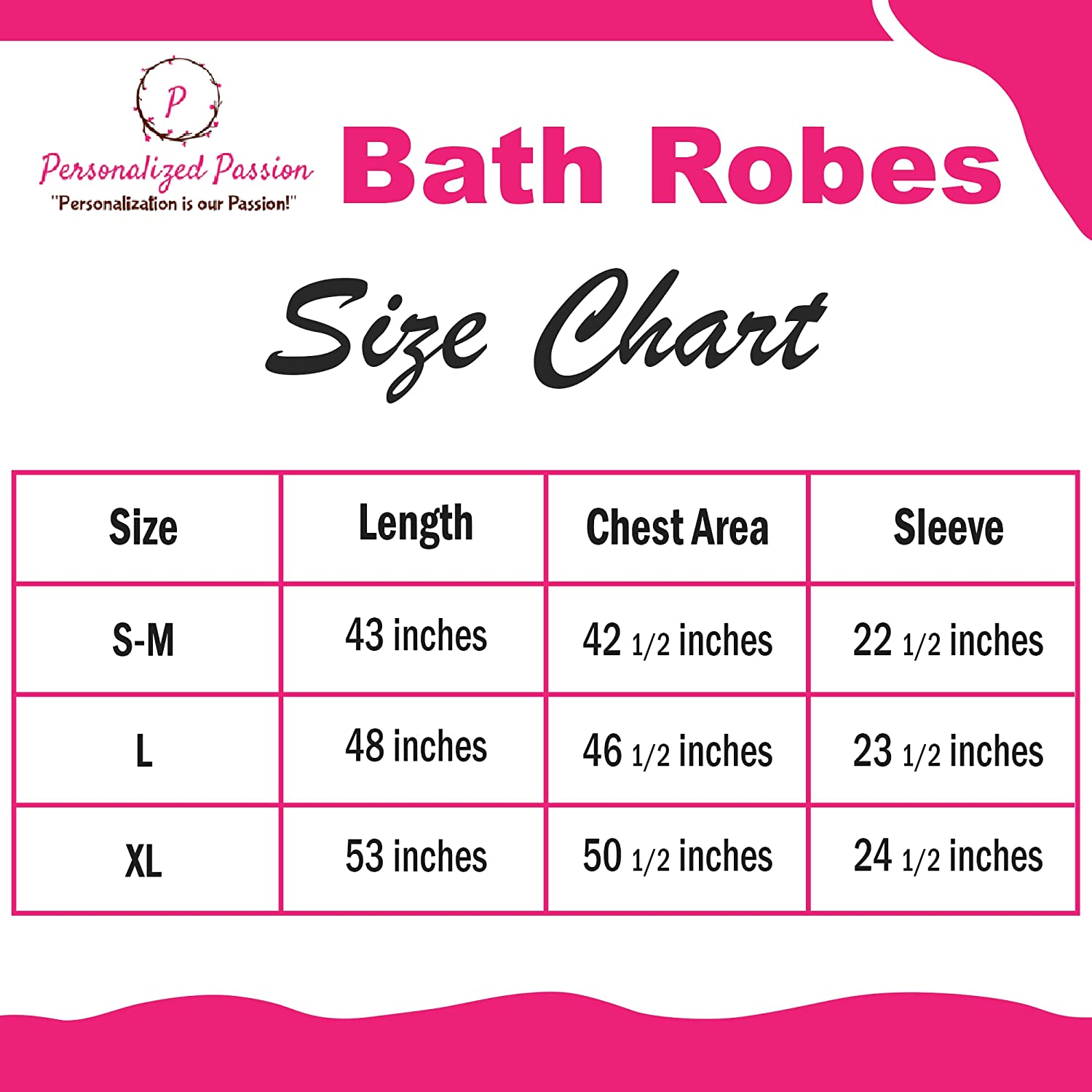 personalized robes size chart